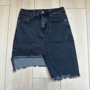 Dolls Kill Momokrom Shadow Caster black asymmetric high waisted denim skirt US 4